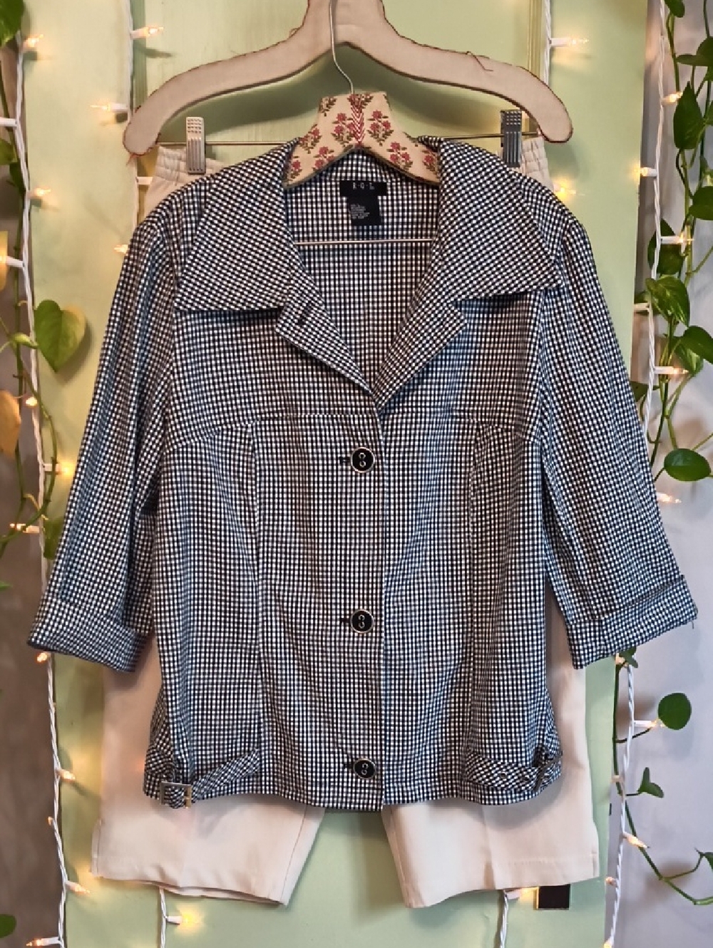 Women's RQT Gingham Black White Semi sleeve Button Up Jacket Layer L